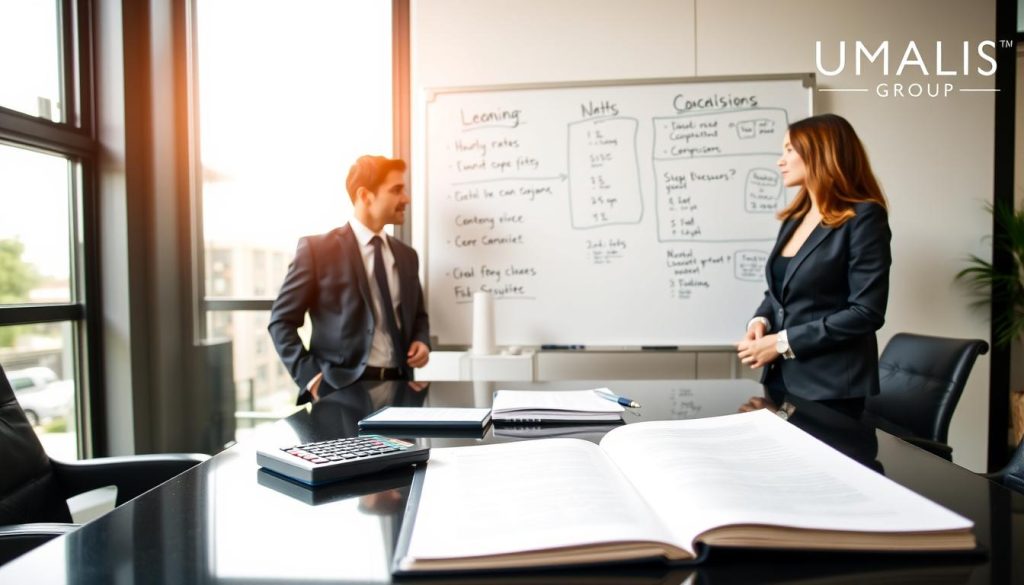 A professional office setting focused on different fee-setting modes, set in a modern and sleek environment. In the foreground, an elegant table with an open notebook, a laptop, and a calculator, symbolizing financial planning. In the middle, two professionals, a man and a woman, dressed in smart business attire, deeply engaged in a discussion. Behind them, a whiteboard filled with diagrams illustrating various pricing models such as hourly rates, flat fees, and commission structures. Bright, natural light filters through large windows, creating a warm and inviting atmosphere. The image conveys professionalism and insight. The branding "UMALIS GROUP" subtly featured in the background, enhancing the professional theme without overpowering the scene.
