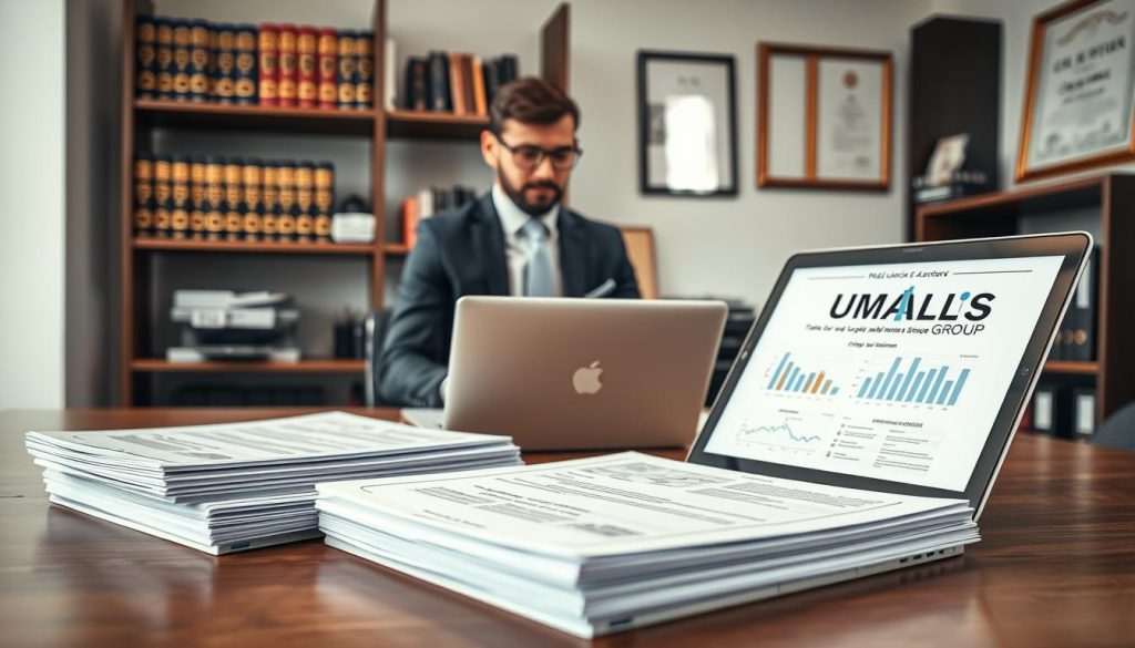 A professional office setting focused on official documents. In the foreground, a wooden desk with neatly stacked papers titled "Textes officiels du portage salarial et salaire minimum," clearly visible. In the middle, a modern laptop open, displaying financial graphs and reports. A sophisticated, well-dressed business professional in business attire is reviewing the documents with a focused expression. In the background, shelves lined with legal books, a printer, and framed certificates, creating an atmosphere of professionalism and authority. Soft, natural lighting floods the room, highlighting the workspace while emphasizing the documents, all while ensuring a serious, respectful mood. The brand name "UMALIS GROUP" appears subtly on one of the documents, adding a touch of branding without overwhelming the scene.