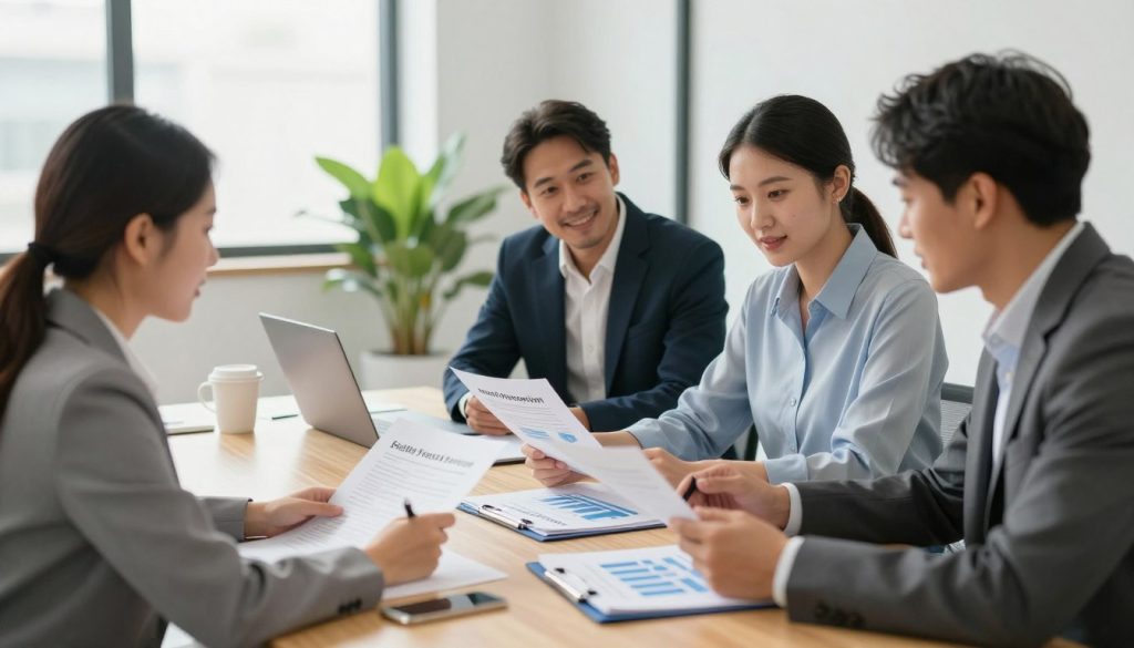 A professional office setting focused on social protection, highlighting the themes of health, retirement, unemployment, and paid leave. In the foreground, a diverse group of three professionals (one woman and two men) in smart business attire discussing documents and charts, symbolizing collaboration and security. The middle ground features a modern conference table with laptops, papers, and a plant, adding warmth to the environment. The background showcases large windows allowing soft, natural light to stream in, creating an inviting and optimistic atmosphere. The scene is well composed, with a balanced focus on the professionals and their engaging conversation, reflecting the importance of social protection in today’s work landscape. The overall mood is professional, collaborative, and secure.
