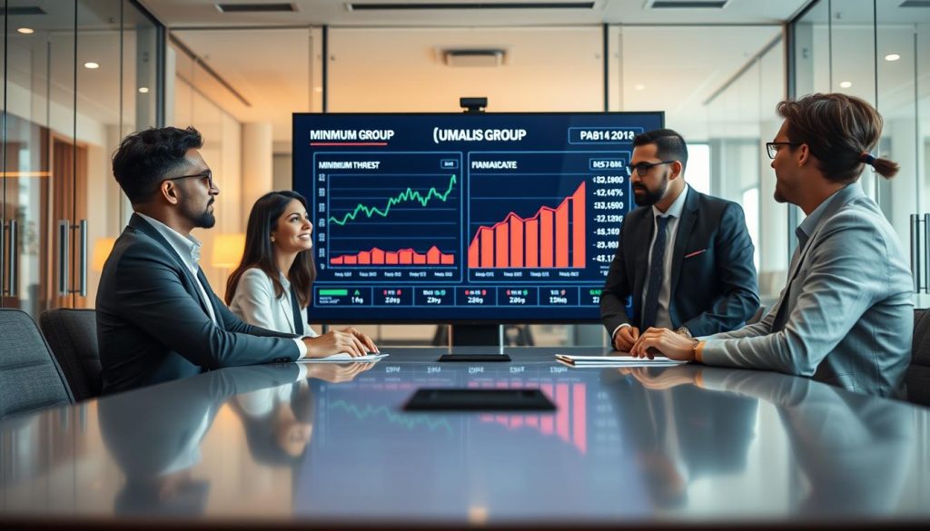 A professional office setting focused on the concept of "minimum facturation." In the foreground, a diverse group of three business professionals in smart casual attire—two men and one woman—are gathered around a sleek conference table, engaging in a discussion about financial strategies. The middle ground features a large digital screen displaying financial graphs and the brand name "UMALIS GROUP," emphasizing relevant minimum thresholds and profitability indicators. The background is a modern office environment with glass walls and soft, ambient lighting highlighting a sense of clarity and professionalism. The atmosphere conveys a mood of collaboration and critical analysis, with warm tones suggesting optimism and growth. The image is framed with a slight depth of field effect, drawing focus to the discussion at hand while softly blurring the background.