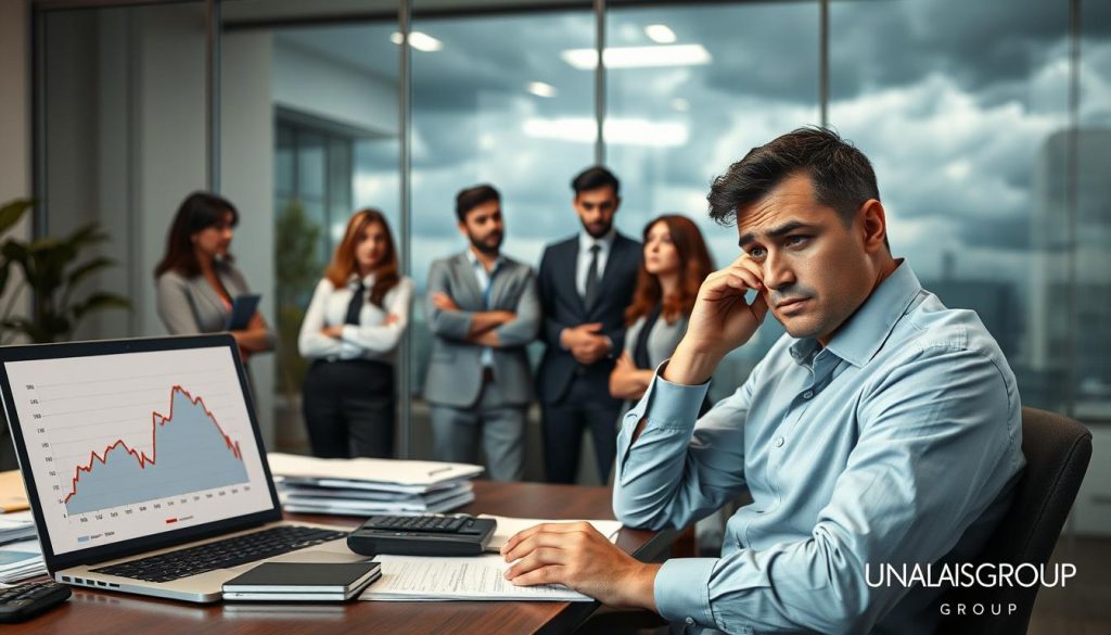 A professional office setting focused on the disadvantages of portage salarial. In the foreground, a worried businessman in professional attire is seated at a desk cluttered with documents, a laptop showing a graph in decline, and a calculator, symbolizing financial concerns. In the middle ground, a group of diverse professionals in casual business attire, conversing with furrowed brows, indicating concern. The background features a glass window displaying a stormy sky, metaphorically representing uncertainty and challenges. Soft, diffused lighting creates a somber and reflective atmosphere, capturing the tension and complexity of making career decisions. The brand name "UMALIS GROUP" is subtly integrated into the workspace setting, ensuring a corporate feel without distractions.