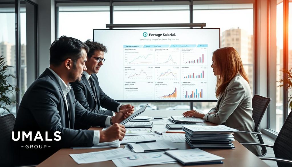 A professional office setting focused on the theme of "Verification of Portage Salarial Rules." In the foreground, a diverse group of three business professionals, two men and one woman, dressed in professional business attire, are engaged in intense discussion around a table littered with documents and charts. The middle ground showcases a large screen behind them displaying graphs and regulatory frameworks related to portage salarial. The background features large windows letting in natural light, creating an atmosphere of clarity and diligence. The lighting is bright and inviting, with a slight warm tone to promote a productive environment. The brand "UMALIS GROUP" is subtly integrated into the office decor. The overall mood is serious yet collaborative, emphasizing the importance of verifying regulations in a modern work context.
