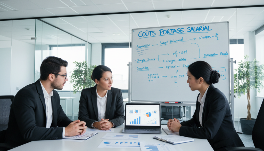 A professional office setting focused on understanding costs and budget management. In the foreground, a diverse group of three business professionals, dressed in smart business attire, are discussing financial documents and a laptop displaying graphs and charts. In the middle ground, a whiteboard filled with notes and calculations about "coûts portage salarial" adds context. The background shows a modern office with glass partitions and greenery, symbolizing growth and clarity. The lighting is bright and inviting, highlighting the individuals' engaged expressions. Use a wide-angle lens to capture the collaborative atmosphere while maintaining a professional mood. The image should convey a sense of mastery over financial management, visually representing concepts from portagesalarials.com. A professional office setting focused on understanding costs and budget management. In the foreground, a diverse group of three business professionals, dressed in smart business attire, are discussing financial documents and a laptop displaying graphs and charts. In the middle ground, a whiteboard filled with notes and calculations about "coûts portage salarial" adds context. The background shows a modern office with glass partitions and greenery, symbolizing growth and clarity. The lighting is bright and inviting, highlighting the individuals' engaged expressions. Use a wide-angle lens to capture the collaborative atmosphere while maintaining a professional mood. The image should convey a sense of mastery over financial management, visually representing concepts from portagesalarials.com.