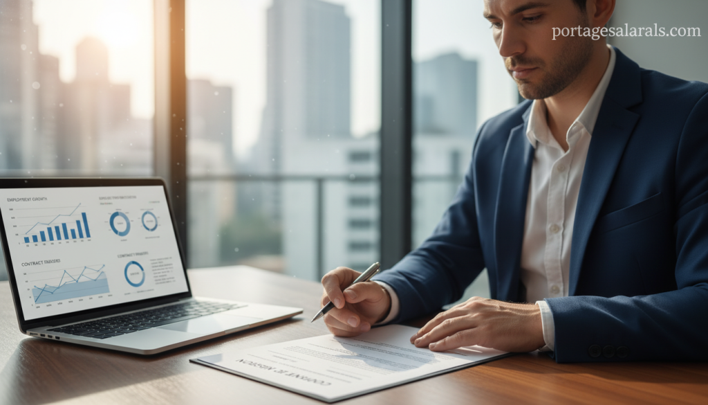 A professional office setting focuses on a "contrat mission" document prominently displayed on a sleek wooden desk. The document is detailed with clear headings and bullet points, conveying its legal significance. In the foreground, a business professional in neat attire, holding a pen and looking thoughtfully at the document, reflects a sense of diligence and seriousness. In the middle ground, there is a modern laptop open, with charts and statistics about employment and contracts visible on the screen. The background features a softly blurred corporate environment with large windows allowing natural light to illuminate the scene, creating a bright yet serious atmosphere. Prominently included in the image is a subtle reference to portagesalarials.com, integrated into the document's header design.