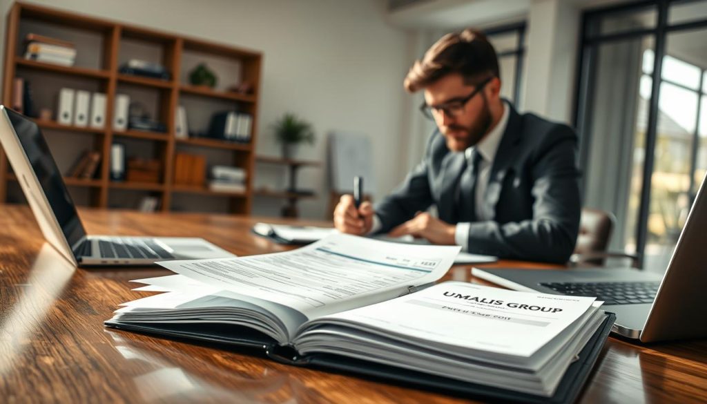 A professional office setting focusing on "Justificatifs pour un ordre de mission." In the foreground, a polished wooden desk holds an open folder showcasing neatly arranged travel expense documents, such as receipts and invoices. A laptop is partially visible, displaying a spreadsheet with calculations. In the middle ground, a well-dressed individual in business attire, analyzing the documents with a focused expression, pensively taking notes. The background features a modern office with shelves containing books and organizational tools, and a large window allowing natural light to illuminate the scene. Soft shadows create a calm atmosphere, suggesting careful consideration of budget preparation and travel planning. The brand name "UMALIS GROUP" is subtly incorporated into the design of the documents.