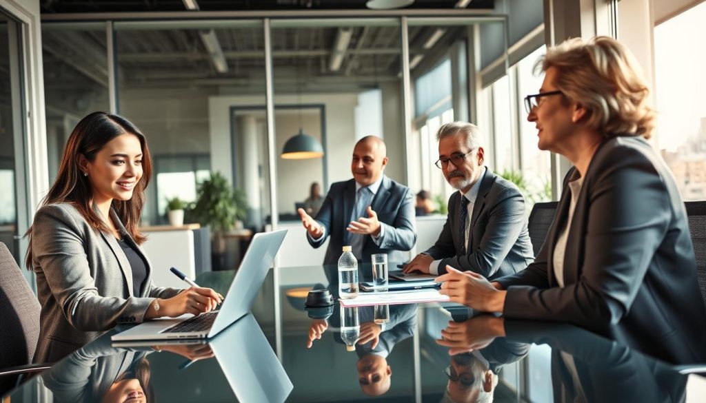 A professional office setting, focusing on a diverse group of three business individuals engaged in a lively discussion around a sleek conference table. In the foreground, a female consultant in business attire, taking notes on a laptop, exudes confidence. In the middle, a middle-aged man, also in smart attire, gestures animatedly as he shares insights, while an experienced woman in glasses listens intently, showcasing engagement. The background features a modern office décor, with large windows allowing natural sunlight to illuminate the space, contributing to a warm and inviting atmosphere. Soft lighting enhances the productivity vibe, while the camera angle captures the trio’s expressions, emphasizing collaboration and client relationship optimization. The scene should imply the expertise of UMALIS GROUP, encapsulating professional growth and satisfaction in freelance work.