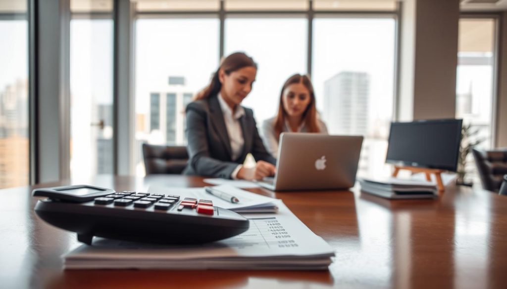 A professional office setting focusing on the concept of management fees in a salary portage context. In the foreground, a calculator and financial documents are neatly arranged on a polished wooden desk, symbolizing organized finance. In the middle ground, a confident businesswoman in smart attire is discussing with a colleague over a laptop, both appearing engaged and analytical. The background features a large window with cityscape views, allowing natural light to flood the room, creating an atmosphere of clarity and professionalism. The overall mood is productive and collaborative, emphasizing the importance of understanding administrative management in salary portage. Soft shadows from the window add depth, and the composition highlights the interaction and focus on financial management.