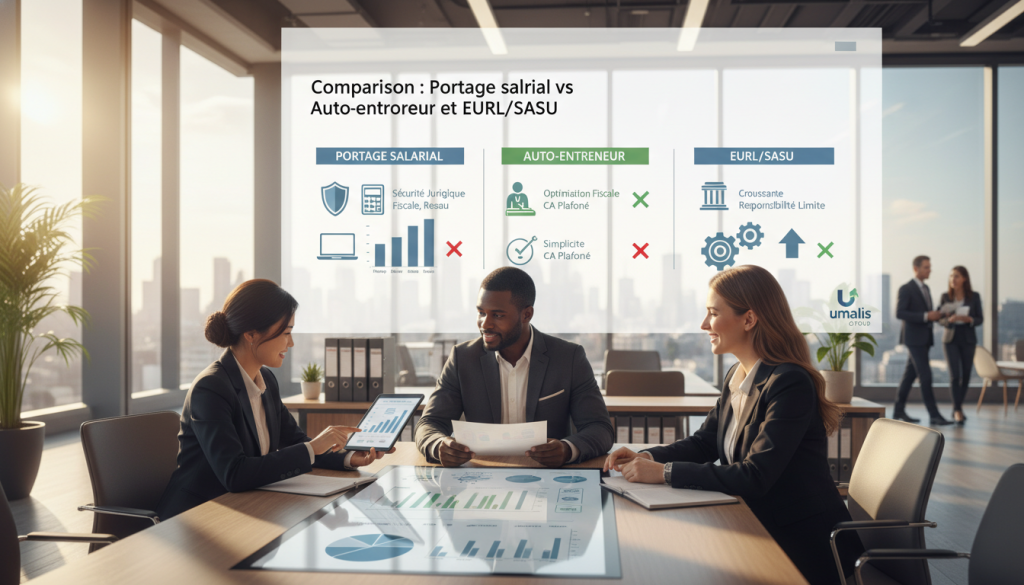 A professional office setting focusing on the theme of "Comparaison : Portage salarial vs Auto-entrepreneur et EURL/SASU." In the foreground, a diverse group of three professionals in business attire are engaged in a productive discussion, analyzing documents and charts that creatively illustrate the differences between the three models. They convey a sense of collaboration and success, representing various backgrounds. In the middle ground, a large whiteboard displays comparison graphs and data, visually breaking down the advantages of each employment status. The background features a modern office environment with large windows allowing natural light to flood in, creating an energizing atmosphere. Soft focus and warm lighting enhance the feeling of professionalism and achievement. The Umalis Group logo is subtly integrated into the office decor, ensuring brand recognition without dominating the scene.