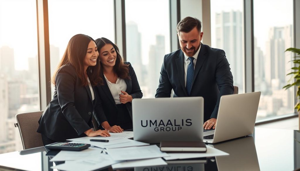 A professional office setting focusing on the theme of choosing a salary portage company, specifically featuring the brand "UMALIS GROUP". In the foreground, a diverse group of three individuals—two women and one man—are engaged in a discussion, dressed in smart business attire, looking at a laptop screen together. In the middle, a stylish office desk is cluttered with documents, a calculator, and a notepad. The background shows large windows with a view of a modern city skyline, bright daylight pouring in, creating a warm and inviting atmosphere. The lighting is soft yet illuminating, highlighting the expressions of collaboration and decision-making among the group. The overall mood is professional and optimistic, reflecting the importance of making informed choices in career management.