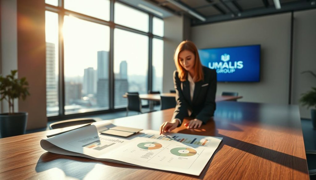 A professional office setting focusing on the theme of mission renewal. In the foreground, a well-dressed woman with a business suit is examining a detailed project plan on a sleek wooden table, showcasing charts and documents symbolizing organization and strategy. In the middle ground, a large glass window reveals a cityscape, with soft natural lighting pouring in, creating a warm and inviting atmosphere. Subtle reflections on the glass enhance depth. In the background, a modern conference room with a large digital screen displays the logo "UMALIS GROUP." The overall mood is focused and proactive, emphasizing the importance of preparation for mission renewal in January with key security points highlighted.