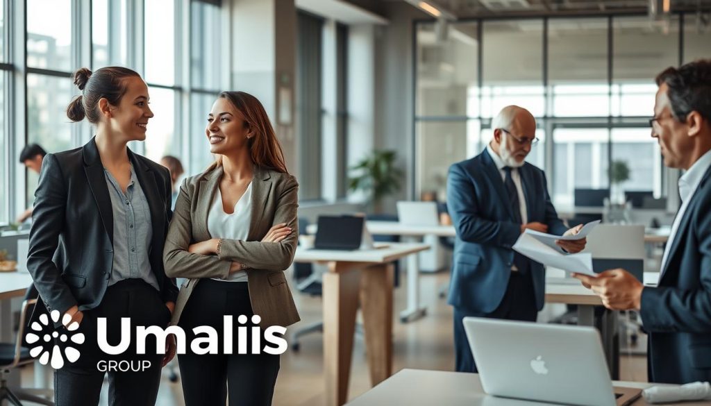 A professional office setting highlighting diverse individuals representing various profiles suitable for 'portage salarial.' In the foreground, a confident businesswoman in smart casual attire discusses with a young entrepreneur, both engaged in a friendly conversation. Nearby, a senior consultant in formal business attire reviews documents, showcasing a collaborative environment. The middle ground includes an open workspace with modern desks and laptops, conveying productivity. The background features large windows with natural light flooding the room, creating an inviting atmosphere. The overall mood is one of security, flexibility, and professionalism, tailored for a modern workforce. The Umalis Group logo subtly integrated into the scene enhances brand presence, without any text overlays. The scene should be captured from a slight angle to enrich the depth and perspective.