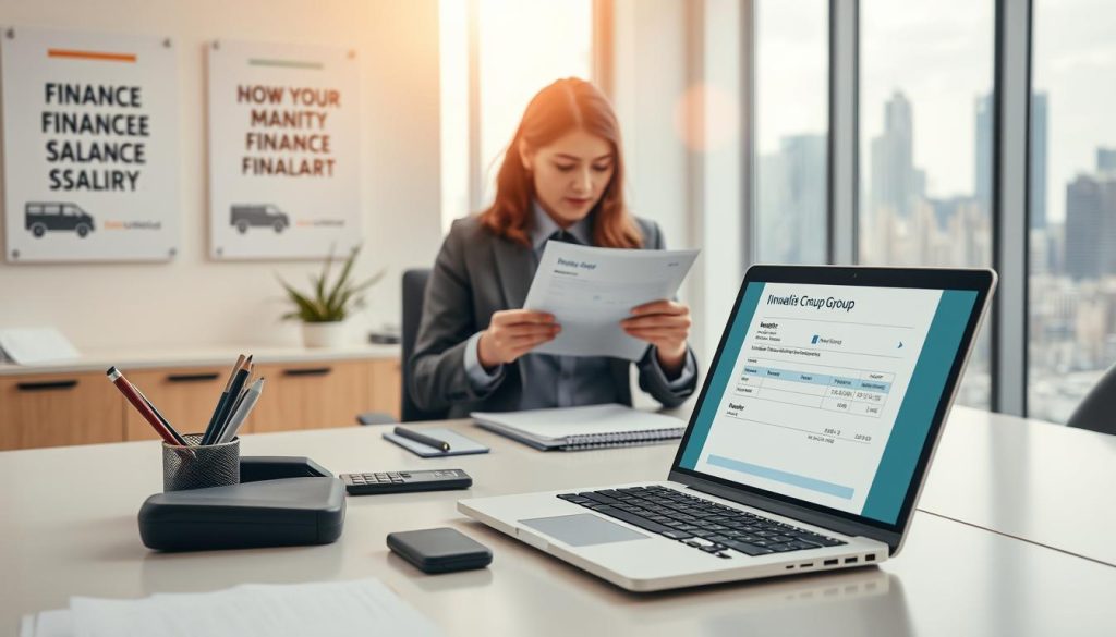 A professional office setting illustrating "Steps to Prepare the Invoice for Salary Delivery". In the foreground, a neatly organized desk with an open laptop displaying a digital invoice template, stationery items, and a calculator. The middle shows a business professional in modest business attire, focusing on inputting data into the laptop, while holding a printed invoice draft. In the background, a soft-lit office with motivational posters about finance management and a large window overlooking a bustling cityscape. Use natural lighting to create a warm, inviting atmosphere, emphasizing productivity and professionalism. The branding "Umalis Group" should be subtly represented on the laptop screen. The overall mood should be motivating and focused on effective financial practices. A professional office setting illustrating "Steps to Prepare the Invoice for Salary Delivery". In the foreground, a neatly organized desk with an open laptop displaying a digital invoice template, stationery items, and a calculator. The middle shows a business professional in modest business attire, focusing on inputting data into the laptop, while holding a printed invoice draft. In the background, a soft-lit office with motivational posters about finance management and a large window overlooking a bustling cityscape. Use natural lighting to create a warm, inviting atmosphere, emphasizing productivity and professionalism. The branding "Umalis Group" should be subtly represented on the laptop screen. The overall mood should be motivating and focused on effective financial practices.