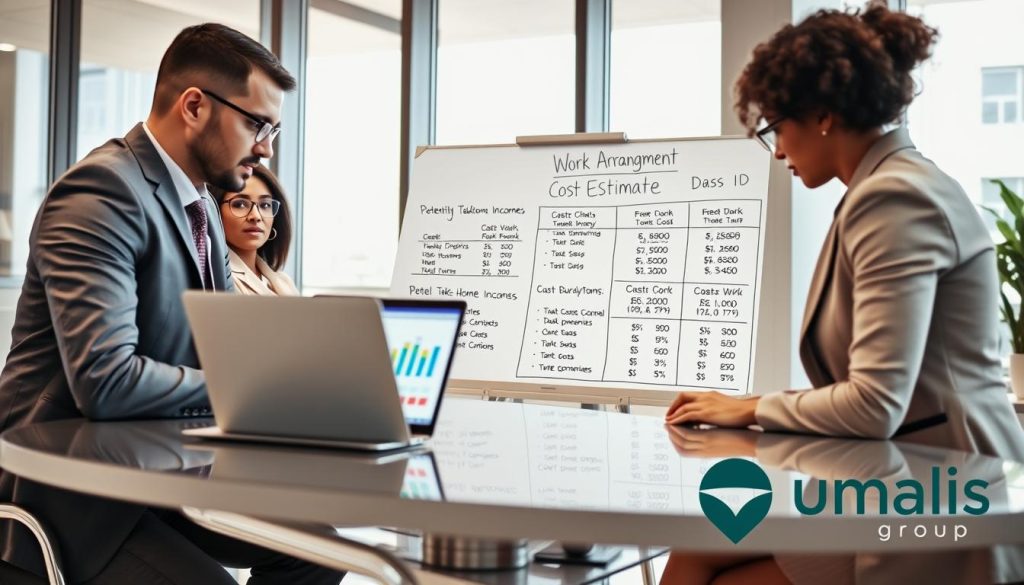 A professional office setting illustrating a "Work Arrangement Cost Estimate." In the foreground, a diverse group of professionals—two men and a woman, all in smart business attire—are gathered around a sleek conference table, analyzing colorful charts and graphs displayed on a laptop. In the middle ground, a large whiteboard filled with cost breakdowns, expenses, and potential take-home income projections. The background features a modern office environment with large windows letting in soft natural light, creating a bright and optimistic atmosphere. The camera angle is slightly above eye level, giving a clear view of the collaborative effort. The Umalis Group logo subtly integrated in a corner, enhancing professional credibility without dominating the scene.