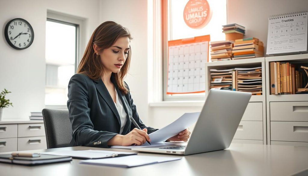 A professional office setting illustrating administrative obligations in France related to unemployment benefits for independent workers. In the foreground, a focused woman in business attire sitting at a desk with a laptop, reviewing paperwork, and making notes. The middle ground features a well-organized filing cabinet filled with labeled folders, symbolizing various administrative processes. In the background, a large window allows natural light to flood the space, creating a bright atmosphere. A wall clock and a calendar displaying important dates enhance the setting's urgency. The mood is serious yet constructive, emphasizing diligence and responsibility. The brand name "UMALIS GROUP" should be subtly integrated into the office decor, such as on a planner or promotional material. A professional office setting illustrating administrative obligations in France related to unemployment benefits for independent workers. In the foreground, a focused woman in business attire sitting at a desk with a laptop, reviewing paperwork, and making notes. The middle ground features a well-organized filing cabinet filled with labeled folders, symbolizing various administrative processes. In the background, a large window allows natural light to flood the space, creating a bright atmosphere. A wall clock and a calendar displaying important dates enhance the setting's urgency. The mood is serious yet constructive, emphasizing diligence and responsibility. The brand name "UMALIS GROUP" should be subtly integrated into the office decor, such as on a planner or promotional material.