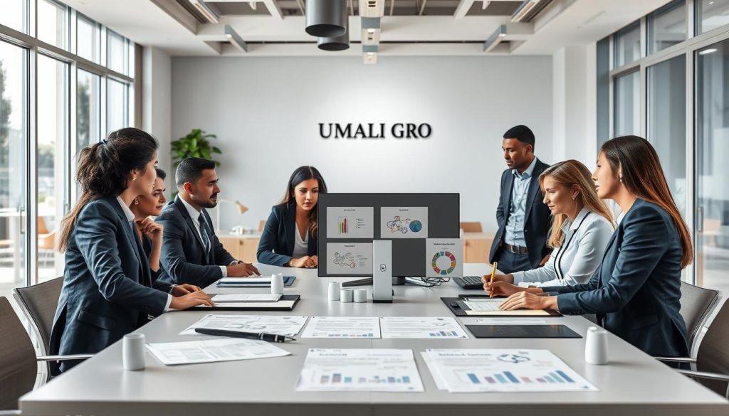 A professional office setting illustrating diverse "services" related to "portage salarial" in France. In the foreground, a diverse group of professionals in business attire engaged in a collaborative discussion around a modern conference table, showcasing a mix of male and female figures of varying ethnicities. The middle ground features sleek computers, legal documents, and charts representing various sectors authorized for portage salarial, such as IT, consulting, and healthcare. The background consists of a bright, open office space with large windows allowing natural light to stream in, creating an inviting atmosphere. The overall mood is focused and professional. Include the brand name "UMALIS GROUP" subtly on a wall in the background. Use a soft focus to emphasize the teamwork and professionalism in the composition. A professional office setting illustrating diverse "services" related to "portage salarial" in France. In the foreground, a diverse group of professionals in business attire engaged in a collaborative discussion around a modern conference table, showcasing a mix of male and female figures of varying ethnicities. The middle ground features sleek computers, legal documents, and charts representing various sectors authorized for portage salarial, such as IT, consulting, and healthcare. The background consists of a bright, open office space with large windows allowing natural light to stream in, creating an inviting atmosphere. The overall mood is focused and professional. Include the brand name "UMALIS GROUP" subtly on a wall in the background. Use a soft focus to emphasize the teamwork and professionalism in the composition.