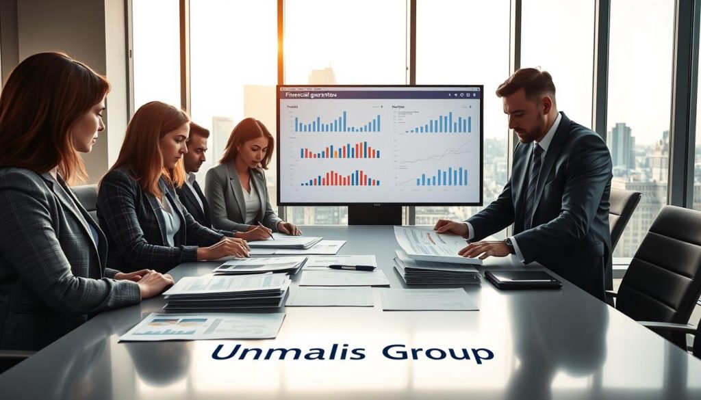 A professional office setting illustrating financial security in the context of "portage salarial." In the foreground, depict a diverse group of individuals, including a woman in a smart blazer and a man in a tailored suit, analyzing financial documents on a sleek conference table. The middle ground features a large screen displaying graphs and charts related to financial guarantees, while a modern cityscape is visible through expansive windows in the background. Soft, natural lighting streams in, creating a warm yet focused atmosphere. The overall mood is one of professionalism and collaboration, showcasing the theme of financial assurance and activity accounts in portage salarial. Include the brand name "Umalis Group" subtly incorporated into the design of the conference materials arranged on the table.