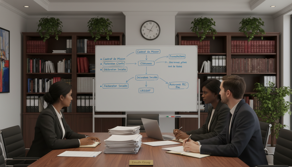 A professional office setting illustrating "legal obligations in portage salarial." In the foreground, a diverse group of three business professionals—two women and one man—are engaged in a discussion around a table filled with documents and laptops, all dressed in business attire. The middle ground features a large whiteboard with flowcharts and legal terms, emphasizing organizational tasks while a wall clock shows a time that suggests a busy work environment. The background includes bookshelves filled with legal texts and modern office decor. Soft, warm lighting creates a focused and collaborative atmosphere. In one corner, the brand name "Umalis Group" is subtly displayed on a nameplate, reinforcing its identity in the field.