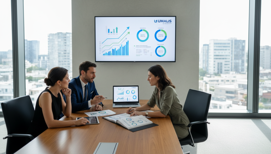 A professional office setting illustrating "rémunération portage salarial". In the foreground, a diverse group of three professionals in business attire (a man in a tailored suit, and two women in smart dresses) are engaged in a discussion around a table filled with financial documents and a laptop displaying graphs. In the middle ground, a digital screen on the wall shows financial data and infographics related to salaries and management fees, branded with "Umalis Group". The background features a modern office environment with large windows allowing natural light to flood in, creating an open and inviting atmosphere. Soft shadows enhance the mood of collaboration and focus, captured from a slightly elevated angle to emphasize the teamwork involved in understanding salary structures.