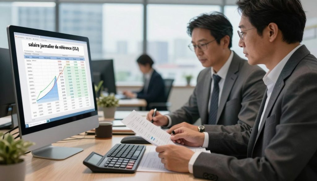 A professional office setting illustrating the calculation of the “salaire journalier de référence (SJR)” as it relates to unemployment benefits. In the foreground, a computer screen displays detailed graphs and charts on salary calculations, with a calculator nearby. In the middle, an individual in business attire, a focused mid-aged person, analyzes the data, surrounded by paperwork and financial documents. The background features a softly lit modern office with large windows showing a cityscape, creating a busy yet organized atmosphere. The lighting is warm and natural, creating an inviting mood, while the perspective is slightly angled to emphasize the working environment. A professional office setting illustrating the calculation of the “salaire journalier de référence (SJR)” as it relates to unemployment benefits. In the foreground, a computer screen displays detailed graphs and charts on salary calculations, with a calculator nearby. In the middle, an individual in business attire, a focused mid-aged person, analyzes the data, surrounded by paperwork and financial documents. The background features a softly lit modern office with large windows showing a cityscape, creating a busy yet organized atmosphere. The lighting is warm and natural, creating an inviting mood, while the perspective is slightly angled to emphasize the working environment.