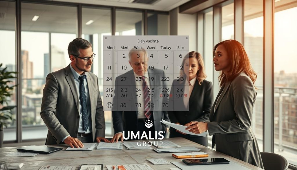 A professional office setting illustrating the concept of "Droit au titre-restaurant selon le jour travaillé". Foreground features a diverse group of three professionals in business attire, engaged in a discussion around a table filled with documents and meal vouchers. The middle layer includes a large calendar displaying various days of the month, each annotated with symbols or icons representing worked days and entitled meal vouchers. The background reveals a modern, well-lit office space, with cityscape views through large glass windows. Soft, natural lighting enhances the productivity atmosphere, while a warm color palette creates a welcoming mood. The brand name "UMALIS GROUP" is subtly integrated into a design element, such as a logo or tablecloth, to maintain focus on the subject matter without detracting from the overall composition.