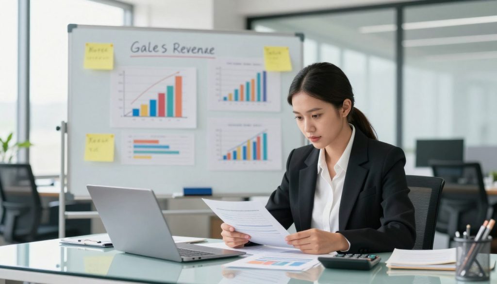 A professional office setting illustrating the concept of calculating sales revenue. In the foreground, a well-dressed businesswoman, with a focused expression, is reviewing financial documents on a sleek glass desk, surrounded by a laptop, a calculator, and charts. In the middle, a large whiteboard filled with colorful graphs and notes detailing the step-by-step methodology of converting gross sales into net salary is visible. The background features a modern office with large windows allowing natural light to flood the space, creating a bright and productive atmosphere. The overall mood is one of determination and clarity, emphasizing the importance of financial understanding in freelance work. The scene is captured with a slight depth of field, focusing on the woman while softly blurring the background.