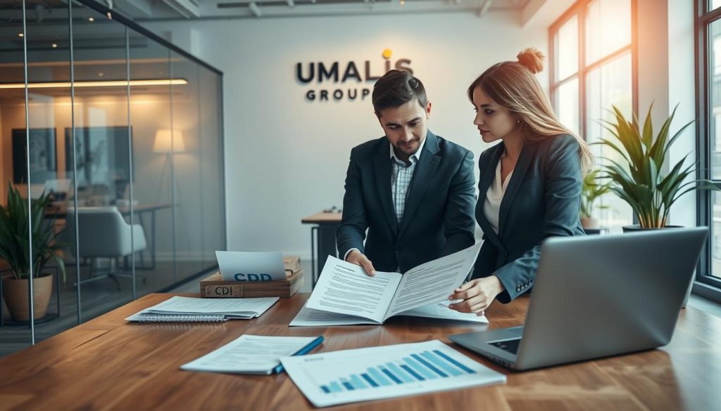 A professional office setting illustrating the concept of "contrat travail portage salarial". In the foreground, two professionals in business attire—one man and one woman—are engaged in a focused discussion while reviewing documents labeled "CDI" and "CDD." The woman is pointing at a contract, emphasizing key points with a thoughtful expression. In the middle ground, a wooden table is filled with paperwork, a laptop open, and financial graphs on a notepad. The background features a modern office environment with glass walls, potted plants, and soft natural light streaming in from large windows, creating a warm and inviting atmosphere. The brand name "UMALIS GROUP" is subtly included in the decor, such as on a wall-mounted logo. The overall mood conveys professionalism and collaboration.