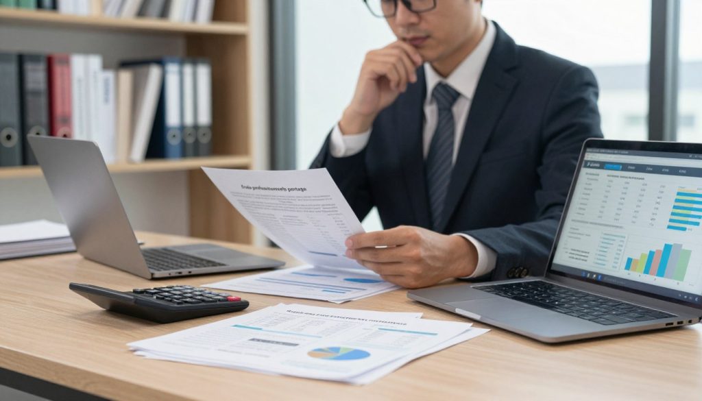 A professional office setting illustrating the concept of "frais professionnels portage." In the foreground, a well-organized desk with documents, a calculator, and a laptop displaying charts and calculations related to tax optimization. In the middle, a person in formal business attire, engaged in thoughtful analysis, with a focused expression, reviewing financial papers. The background features shelves lined with books on finance and tax management, and a large window allowing soft, natural light to illuminate the scene, creating an inviting atmosphere. Use a mid-angle perspective to bring out the details of the workspace, enhancing the mood of professionalism and productivity. The overall ambiance should reflect clarity, focus, and ambition. A professional office setting illustrating the concept of "frais professionnels portage." In the foreground, a well-organized desk with documents, a calculator, and a laptop displaying charts and calculations related to tax optimization. In the middle, a person in formal business attire, engaged in thoughtful analysis, with a focused expression, reviewing financial papers. The background features shelves lined with books on finance and tax management, and a large window allowing soft, natural light to illuminate the scene, creating an inviting atmosphere. Use a mid-angle perspective to bring out the details of the workspace, enhancing the mood of professionalism and productivity. The overall ambiance should reflect clarity, focus, and ambition.