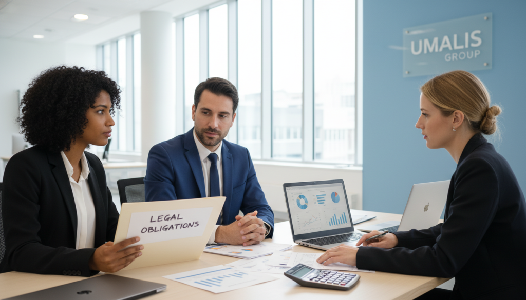 A professional office setting illustrating the concept of "obligations administratives portage salarial". In the foreground, a diverse group of three professionals, two women and one man, are discussing documents, dressed in smart business attire. The woman on the left is holding a file labeled "Legal Obligations", while the man is looking at a laptop displaying financial charts. The middle ground features an organized desk with financial papers, a laptop, and a calculator. The background showcases a bright office space with large windows letting in natural light, providing a sense of transparency and clarity. The color palette is calming, with soft blues and whites, creating a professional atmosphere. Incorporate subtle branding for "Umalis Group" on a wall-mounted sign, ensuring it blends seamlessly into the environment.