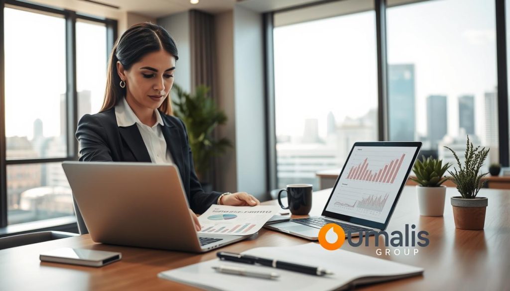 A professional office setting illustrating the concept of optimizing income through portage salarial. In the foreground, a focused businesswoman in smart attire reviews financial documents and digital graphs on a laptop with charts. In the middle ground, a contemporary office desk is filled with stationery, a coffee mug, and a potted plant, creating an inviting workspace. The background features a large window with natural light streaming in, showcasing a city skyline. The atmosphere conveys professionalism and clarity, emphasizing financial growth and efficiency. The lighting is bright and warm, enhancing the sense of productivity. Incorporate elements representing the brand "Umalis Group," subtly placed within the scene without being distracting. A professional office setting illustrating the concept of optimizing income through portage salarial. In the foreground, a focused businesswoman in smart attire reviews financial documents and digital graphs on a laptop with charts. In the middle ground, a contemporary office desk is filled with stationery, a coffee mug, and a potted plant, creating an inviting workspace. The background features a large window with natural light streaming in, showcasing a city skyline. The atmosphere conveys professionalism and clarity, emphasizing financial growth and efficiency. The lighting is bright and warm, enhancing the sense of productivity. Incorporate elements representing the brand "Umalis Group," subtly placed within the scene without being distracting.