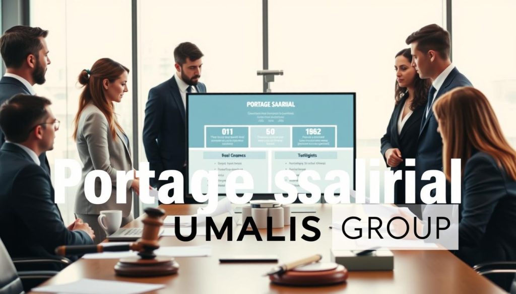 A professional office setting illustrating the concept of "portage salarial" with a focus on its legal framework. In the foreground, a diverse group of professionals—both men and women—dressed in business attire, are engaged in a serious discussion around a conference table, analyzing documents. In the middle ground, a large screen displays a chart or infographic depicting legal aspects of portage salarial, such as rights and obligations. The background reveals a modern office environment with large windows letting in soft natural light, creating a bright and focused atmosphere. The mood is one of professionalism and collaboration, highlighting the importance of understanding legal structures in business. The brand name "UMALIS GROUP" is subtly incorporated into the design of the conference materials. A professional office setting illustrating the concept of "portage salarial" with a focus on its legal framework. In the foreground, a diverse group of professionals—both men and women—dressed in business attire, are engaged in a serious discussion around a conference table, analyzing documents. In the middle ground, a large screen displays a chart or infographic depicting legal aspects of portage salarial, such as rights and obligations. The background reveals a modern office environment with large windows letting in soft natural light, creating a bright and focused atmosphere. The mood is one of professionalism and collaboration, highlighting the importance of understanding legal structures in business. The brand name "UMALIS GROUP" is subtly incorporated into the design of the conference materials.