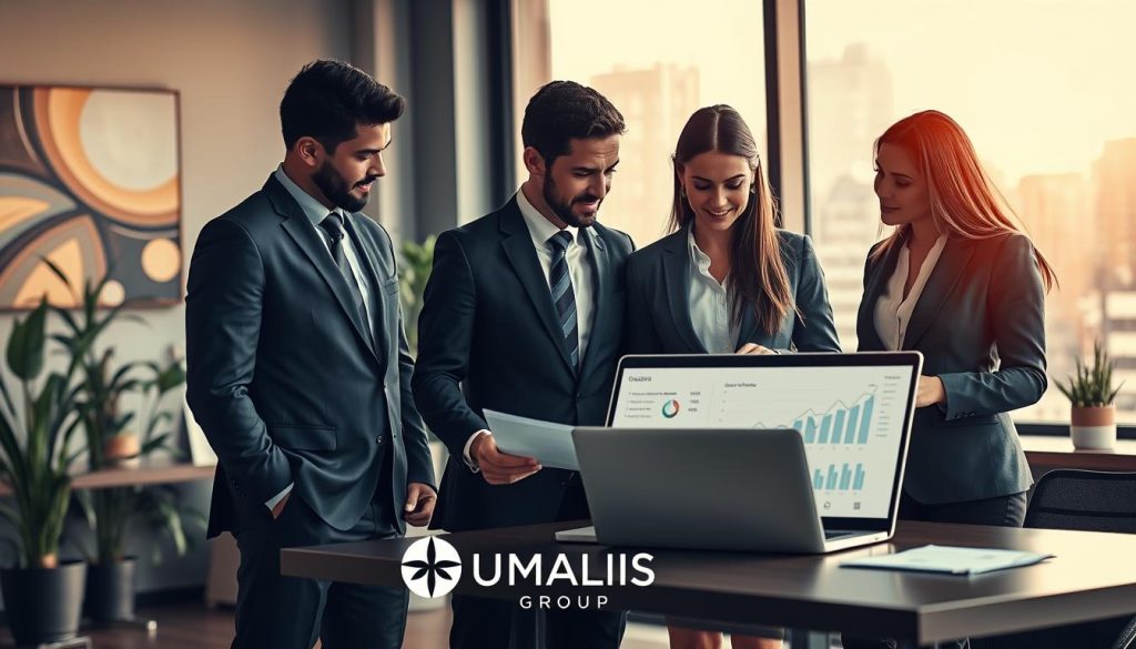 A professional office setting illustrating the concept of "portage salarial." In the foreground, a diverse group of three professionals, male and female, dressed in smart business attire, discuss a document together, expressing a collaborative atmosphere. In the middle ground, a desk with a laptop displaying graphs and charts, symbolizing financial growth and opportunities. The background features a large window with a cityscape view, bathed in warm, natural light, creating an inviting and optimistic mood. The space is adorned with elements of modern corporate design, such as plants and abstract art. The brand logo "UMALIS GROUP" subtly integrated into the decor, emphasizing professionalism and innovation. The overall scene should convey understanding, teamwork, and the benefits of professional transition through portage salarial.