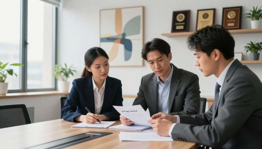 A professional office setting illustrating the concept of "portage salarial." In the foreground, a group of three business professionals—two men and one woman—are discussing and reviewing documents on a sleek conference table. They are dressed in smart business attire, conveying a serious yet collaborative mood. In the middle ground, a modern office environment is visible with a large window providing natural light, casting soft shadows. On the wall behind remains an abstract art piece, representing the balance of freedom and security in employment. In the background, shelves display award plaques and potted plants, enhancing the atmosphere of professionalism and success. The overall lighting is bright and inviting, highlighting the focus on teamwork and contractual frameworks. The image is framed with a slightly elevated angle, creating depth and engagement.