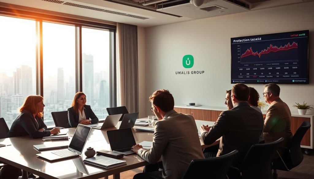 A professional office setting illustrating the concept of "protection sociale" and "portage salarial." In the foreground, a diverse group of professionals in business attire, engaged in a discussion around a large conference table filled with documents and laptops. The middle ground features a large, bright window revealing a bustling cityscape, symbolizing opportunity and growth. Soft, natural lighting streams in, creating a warm atmosphere. In the background, a wall-mounted screen displays key financial graphs and the logo "UMALIS GROUP," reinforcing the theme of social contributions. The overall mood is one of collaboration and professionalism, emphasizing the importance of social protection in the context of portage salarial.