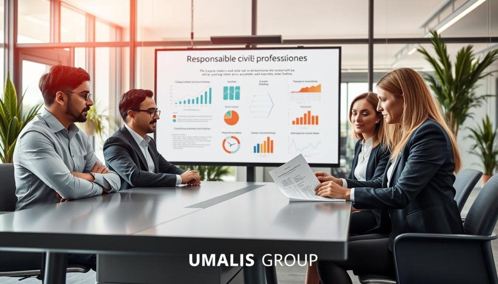 A professional office setting illustrating the concept of "responsabilité civile professionnelle." In the foreground, a diverse group of four professionals in business attire—two men and two women—are discussing a document on a sleek conference table. Their expressions convey concentration and collaboration. In the middle, a large presentation screen displays graphs and illustrations related to risk management and professional liability, emphasizing the importance of responsibility in their field. The background features a modern office with glass walls, potted plants, and natural light streaming in through large windows, creating a bright and inviting atmosphere. The overall mood is focused and serious, reflecting the significance of the topic. Ensure the brand name "UMALIS GROUP" is subtly incorporated in the presentation materials.