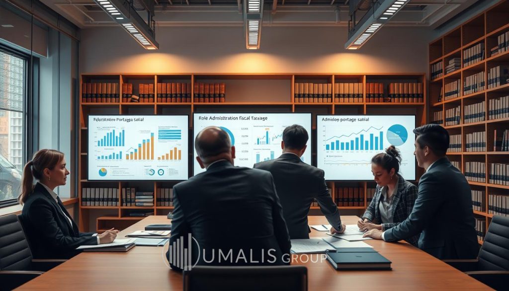 A professional office setting illustrating the concept of "rôle administration fiscale portage salarial". In the foreground, depict a diverse group of business people in professional attire engaged in discussion around a conference table, analyzing documents and financial charts related to taxation. In the middle ground, a large screen displays infographics about fiscal policies and regulations, emphasizing clarity and accessibility. The background features shelves filled with law books and financial reports, with a warm light from overhead fixtures creating a focused atmosphere. The image should evoke a sense of collaboration and professionalism, subtly incorporating the logo of "UMALIS GROUP" in the design, enhancing the connection to the topic without overwhelming the scene. Angle the view slightly from above to capture both the individuals and the data being presented effectively.