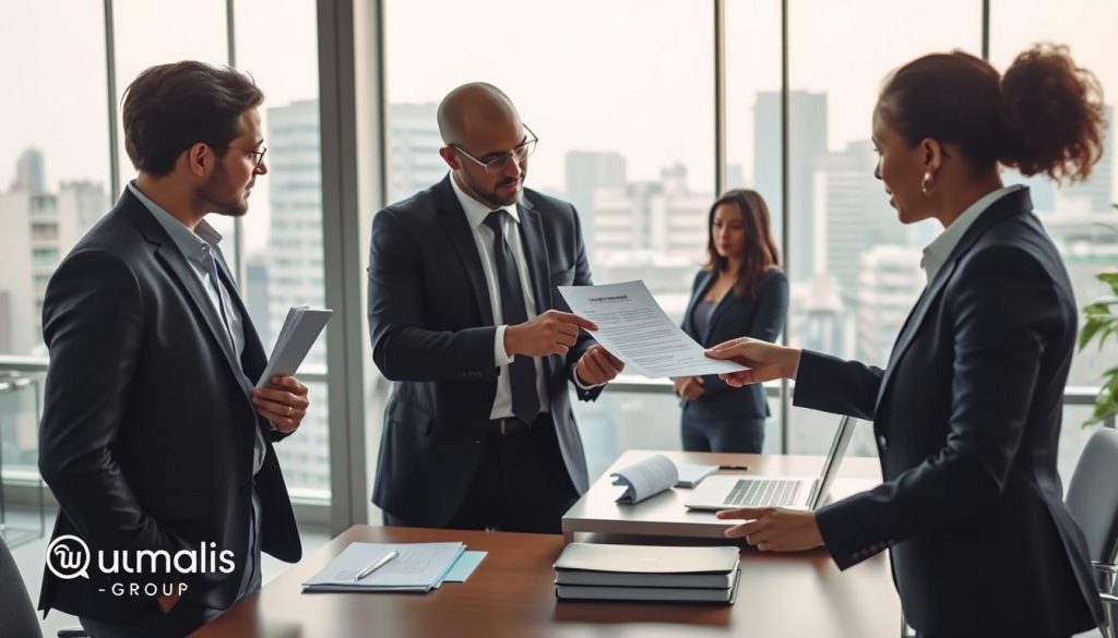 A professional office setting illustrating the concept of "rupture conventionnelle" in portage salarial. In the foreground, a diverse group of three business professionals in formal attire, discussing a contract, with one individual pointing at a document that symbolizes a termination agreement. The middle scene shows a modern office with a sleek desk, papers, and a laptop, conveying a sense of urgency and deliberation. The background features large windows with a city skyline, suggesting a high-stakes urban environment. Soft, natural lighting filters through the windows, enhancing the serious yet hopeful atmosphere. Include the brand name "Umalis Group" subtly integrated into the environment, such as on a business card or document.