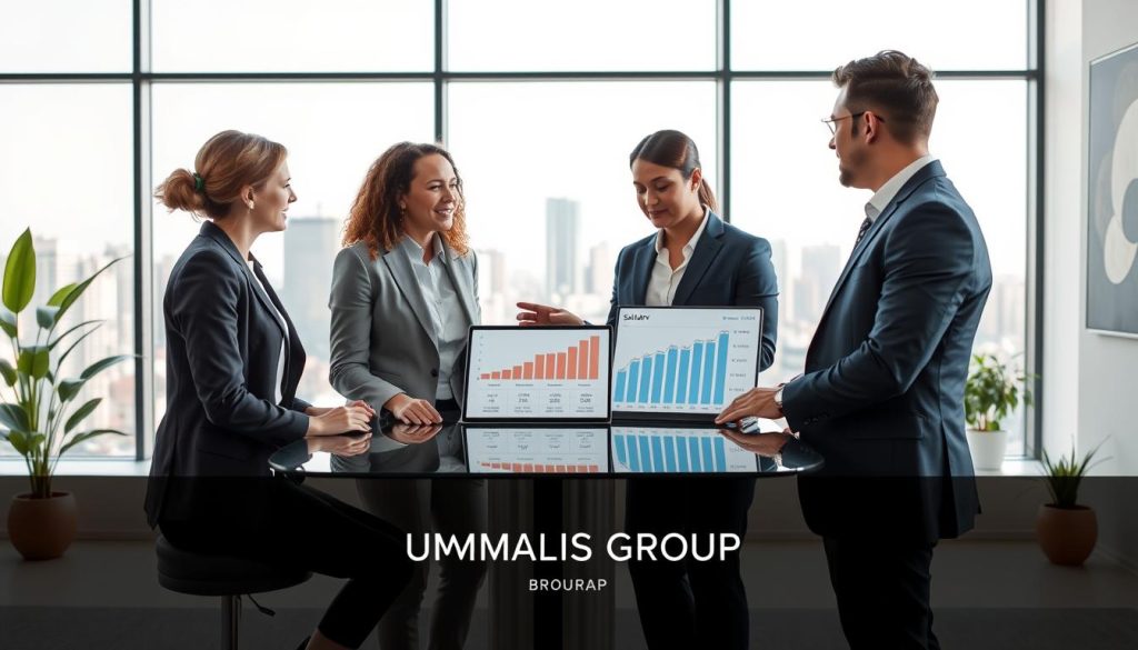 A professional office setting illustrating the concept of "salaire portage salarial." In the foreground, a diverse group of three professionals dressed in business attire are engaged in a discussion around a sleek glass table. One person points to a graph displayed on a laptop, showing salary estimates and management fees, emphasizing collaboration and clarity. In the middle ground, large windows reveal a modern cityscape under soft, natural lighting that enhances the fresh atmosphere. The background features a minimalist office with plants and abstract art, conveying a sense of professionalism and innovation. The overall mood is focused and inspiring, capturing the essence of the portage salarial concept and the brand "UMALIS GROUP."