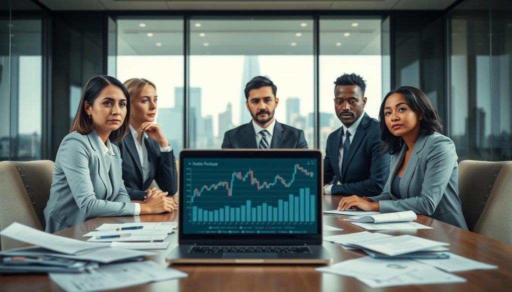 A professional office setting illustrating the disadvantages of "portage salarial". In the foreground, a diverse group of three professionals, a Caucasian woman, an Asian man, and a Black woman, are discussing at a conference table, all dressed in smart business attire. Their expressions should convey concern and contemplation, reflecting their thoughts on the challenges. In the middle ground, a laptop displays a complex financial chart, emphasizing instability, while paperwork is scattered around indicating disorganization. The background features a large city skyline visible through a glass window, symbolizing the broader business environment. Use soft, natural lighting to create a realistic atmosphere, while the camera angle should focus on the group, with a slight depth of field effect. Include the logo of "Umalis Group" subtly integrated into the office decor.