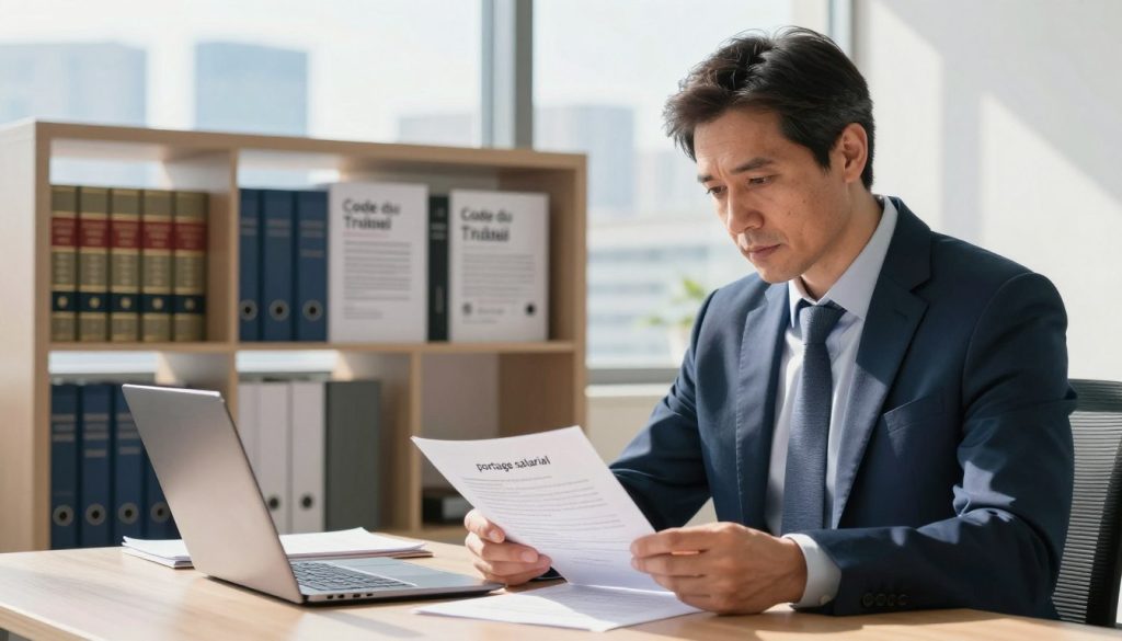 A professional office setting illustrating the legal framework of "portage salarial" in France. In the foreground, a well-dressed consultant, a middle-aged Caucasian man, is reviewing legal documents, with focused expression and a laptop open beside him. In the middle ground, a modern bookshelf filled with legal books and documents, symbolizing the Code du travail and related regulations. The background features a bright window with city skyline views, lightly diffused sunlight casting soft shadows across the room. The atmosphere is serious yet inviting, with a color palette of warm tones and soft blues. Use a slightly elevated angle to capture the consultant’s workspace, focusing on the interaction between the human subject and the documents.