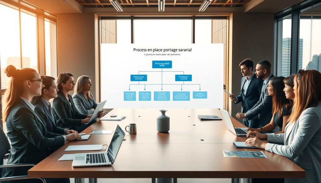A professional office setting illustrating the "processus mise en place portage salarial". In the foreground, a diverse group of business professionals in smart business attire are engaged in a productive discussion around a large conference table, with laptops and documents spread out. In the middle, a digital presentation displays an organizational chart and flow diagram outlining the portage salarial process, emphasizing collaboration and partnerships. In the background, large windows let in warm, natural light, creating a welcoming atmosphere, while the city skyline is visible. The overall mood is optimistic and focused, conveying security and freedom in professional relationships. Include subtle branding for UMALIS GROUP within the presentation visuals.
