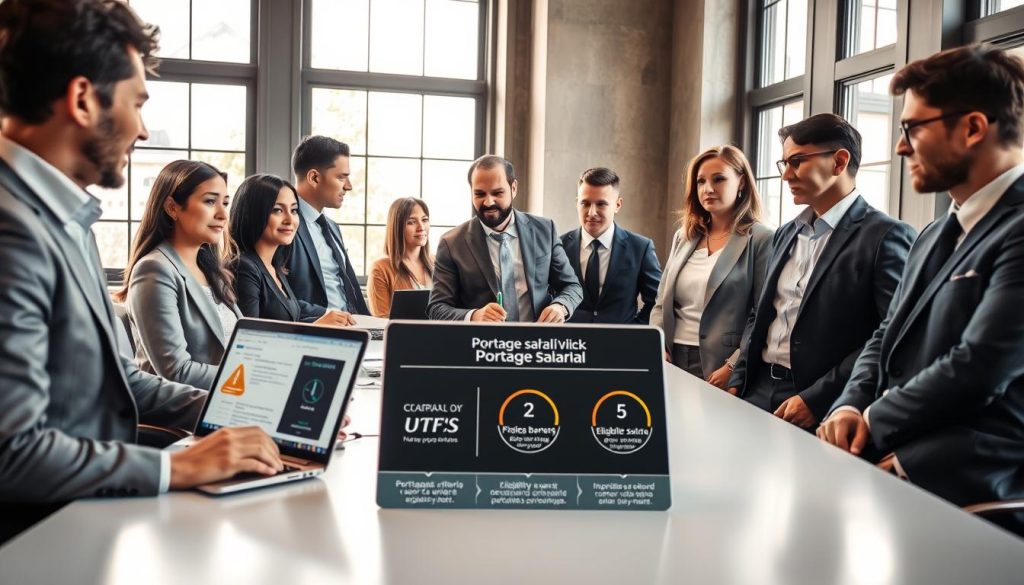 A professional office setting illustrating the theme of French work status and portage salarial eligibility. In the foreground, a diverse group of business professionals, both men and women, dressed in tailored business attire, are engaged in a conversation around a sleek conference table. The middle ground features documents, a laptop displaying relevant information, and an infographic symbolizing the eligibility criteria for portage salarial, with a subtle reference to "Umalis Group" in the design. The background showcases large windows allowing natural light to flood the room, casting soft shadows and creating a warm, inviting atmosphere. The angle is slightly elevated to capture the camaraderie and focus of the group, emphasizing professionalism and collaboration. The overall mood is one of determination and optimism, reflecting the journey of foreign professionals entering the French work landscape. A professional office setting illustrating the theme of French work status and portage salarial eligibility. In the foreground, a diverse group of business professionals, both men and women, dressed in tailored business attire, are engaged in a conversation around a sleek conference table. The middle ground features documents, a laptop displaying relevant information, and an infographic symbolizing the eligibility criteria for portage salarial, with a subtle reference to "Umalis Group" in the design. The background showcases large windows allowing natural light to flood the room, casting soft shadows and creating a warm, inviting atmosphere. The angle is slightly elevated to capture the camaraderie and focus of the group, emphasizing professionalism and collaboration. The overall mood is one of determination and optimism, reflecting the journey of foreign professionals entering the French work landscape.