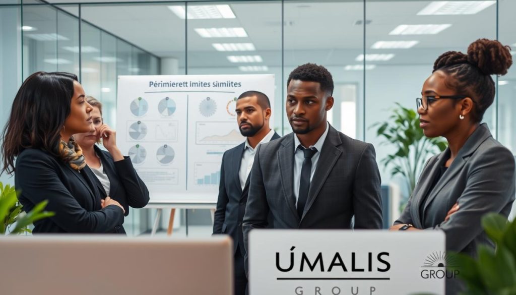 A professional office setting illustrating the theme of "périmètre et limites portage salarial". In the foreground, a diverse group of three business professionals is engaged in a discussion, dressed in business attire, showing expressions of contemplation and concern. In the middle ground, a large whiteboard features diagrams and charts illustrating the boundaries and limitations of portage salarial services. The background features a modern office with glass walls and greenery, capturing a bright and collaborative atmosphere. Soft, diffused lighting highlights the professionalism of the space, suggesting clarity and focus. The scene encapsulates a sense of analysis and decision-making surrounding the current topic, with the subtle inclusion of the brand "UMALIS GROUP" represented through a logo displayed on an office item.