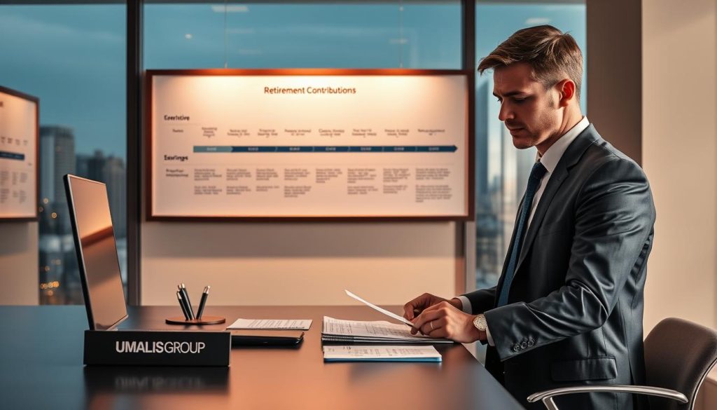 A professional office setting illustrating the theme of "retirement contributions" and "complementary retirement" within the context of portage salarial. In the foreground, an individual in smart business attire is reviewing financial documents on a sleek desk, with a focused expression. The middle layer features a wall-mounted chart showing a timeline of retirement contributions and key milestones, illuminated by soft, warm lighting. In the background, a large window reveals a modern cityscape, adding depth and context to the scene. The atmosphere is one of calm professionalism and thoughtful planning, symbolizing the future of retirement savings. The logo "UMALIS GROUP" is subtly incorporated into the design of the desk accessories, ensuring brand recognition without overwhelming the composition.