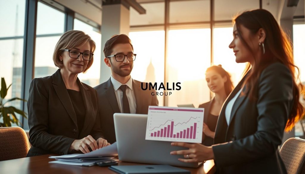 A professional office setting in the foreground, featuring a diverse group of three individuals in business attire: a middle-aged woman with short hair, a young man with glasses, and a confident woman with long hair. They're engaged in a thoughtful discussion, surrounded by documents and a laptop displaying charts related to social protection benefits. In the middle, a large window allows natural light to illuminate the room, casting warm, inviting shadows. The background shows a modern cityscape, symbolizing growth and stability. The mood is professional yet optimistic, reflecting the advantages of social protection in the context of "portage salarial". Incorporate the brand name "UMALIS GROUP" subtly in the elements of the workspace. The overall tone is supportive and empowering, emphasizing security for independent professionals.