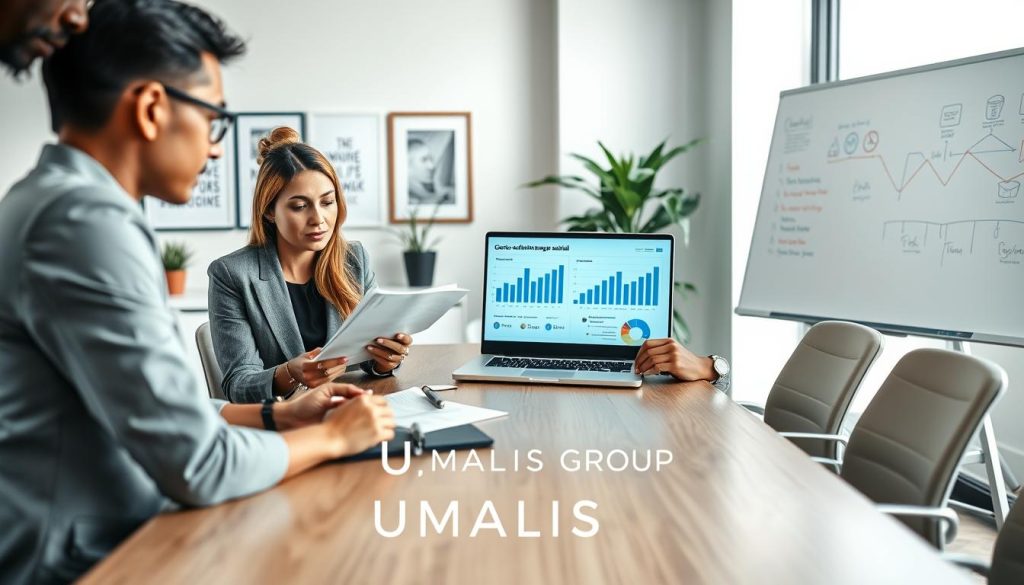 A professional office setting is depicted, featuring a diverse group of three individuals engaged in a discussion around a modern conference table. In the foreground, one person, a woman in professional business attire, is reviewing financial documents while another individual, a man, is using a laptop displaying charts and graphs related to "gestion administrative portage salarial." The middle layer showcases a large window with natural light pouring in, illuminating a minimalistic office decorated with plants and motivational artwork. In the background, there's a whiteboard filled with strategic notes and diagrams. The atmosphere is focused and collaborative, suggesting productivity and professionalism. The logo of "UMALIS GROUP" subtly appears on the conference table, adding a thematic touch to the scene. The image conveys clarity and organization in the realm of administrative management and fiscal responsibility. A professional office setting is depicted, featuring a diverse group of three individuals engaged in a discussion around a modern conference table. In the foreground, one person, a woman in professional business attire, is reviewing financial documents while another individual, a man, is using a laptop displaying charts and graphs related to "gestion administrative portage salarial." The middle layer showcases a large window with natural light pouring in, illuminating a minimalistic office decorated with plants and motivational artwork. In the background, there's a whiteboard filled with strategic notes and diagrams. The atmosphere is focused and collaborative, suggesting productivity and professionalism. The logo of "UMALIS GROUP" subtly appears on the conference table, adding a thematic touch to the scene. The image conveys clarity and organization in the realm of administrative management and fiscal responsibility.