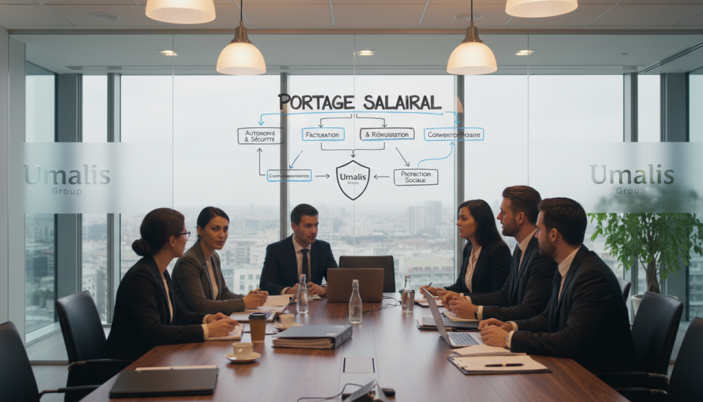 A professional office setting portraying the concept of "portage salarial" with a legally inspired theme. In the foreground, a group of diverse professionals, dressed in business attire, engaged in a discussion with documents and laptops on a sleek conference table. The middle layer features a large whiteboard with key concepts of "portage salarial" written in a strategic layout, emphasizing its definition and legal framework. The background includes a modern office environment with large windows allowing natural light to flood the space, creating a bright and inviting atmosphere. The mood is collaborative and focused, reflecting a serious yet engaging business discussion. The logo of "Umalis Group" subtly included in the office decor. Soft and balanced lighting enhances the professionalism of the scene. A professional office setting portraying the concept of "portage salarial" with a legally inspired theme. In the foreground, a group of diverse professionals, dressed in business attire, engaged in a discussion with documents and laptops on a sleek conference table. The middle layer features a large whiteboard with key concepts of "portage salarial" written in a strategic layout, emphasizing its definition and legal framework. The background includes a modern office environment with large windows allowing natural light to flood the space, creating a bright and inviting atmosphere. The mood is collaborative and focused, reflecting a serious yet engaging business discussion. The logo of "Umalis Group" subtly included in the office decor. Soft and balanced lighting enhances the professionalism of the scene.