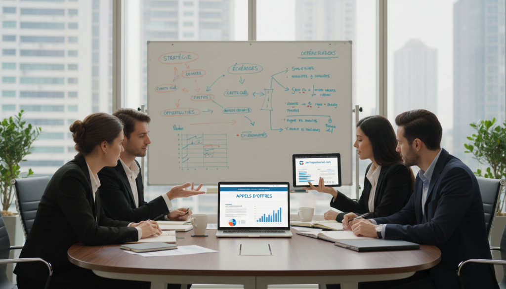 A professional office setting reflecting collaboration around "appels d'offres" (tender offers). In the foreground, a diverse group of business professionals, dressed in smart business attire, gather around a sleek conference table. They are reviewing documents and discussing strategies earnestly, with charts and graphs displayed on a laptop screen. In the middle, a whiteboard filled with notes and strategies, showcasing various opportunities and timelines. The background features large windows with soft, natural light filtering in, enhancing the mood of productivity and determination. The atmosphere is dynamic yet professional, conveying a sense of urgency and collaboration. The image also subtly incorporates elements of the online platform "portagesalarials.com" on a digital device in the scene.