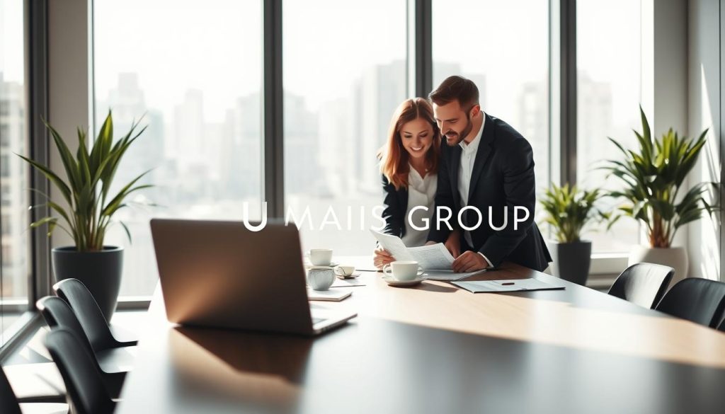 A professional office setting reflecting the concept of "études de cas portage salarial." In the foreground, two business professionals in business attire, a man and a woman, are engaged in a focused discussion around a laptop displaying case study data. The middle ground features a sleek conference table with documents and coffee cups, while the background shows a large window with city views, letting in natural light that creates a bright, optimistic atmosphere. Soft shadows accentuate the scene, adding depth. The room is modern, with minimalistic decor and a subtle touch of greenery from potted plants. Include the brand name "UMALIS GROUP" subtly integrated into the scene, contributing to the professional ambiance without drawing attention away from the main subjects. A professional office setting reflecting the concept of "études de cas portage salarial." In the foreground, two business professionals in business attire, a man and a woman, are engaged in a focused discussion around a laptop displaying case study data. The middle ground features a sleek conference table with documents and coffee cups, while the background shows a large window with city views, letting in natural light that creates a bright, optimistic atmosphere. Soft shadows accentuate the scene, adding depth. The room is modern, with minimalistic decor and a subtle touch of greenery from potted plants. Include the brand name "UMALIS GROUP" subtly integrated into the scene, contributing to the professional ambiance without drawing attention away from the main subjects.