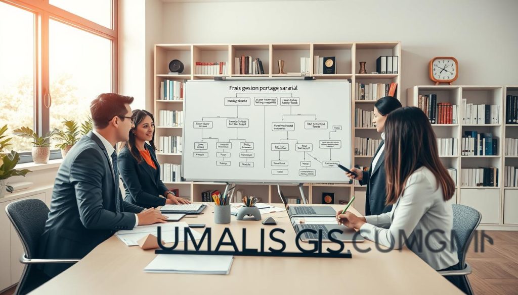 A professional office setting reflecting the concept of "frais gestion portage salarial" under soft, natural lighting from a large window. In the foreground, a diverse group of three business professionals, dressed in smart attire, is engaged in a discussion around a table filled with documents, laptops, and charts. In the middle, a large whiteboard displays a flowchart illustrating management fees and salary projections, indicative of the complexities in portage salarial. The background features neatly arranged bookshelves filled with business literature and awards, enhancing the professional atmosphere. The color palette is calm and inviting, with warm tones to evoke a sense of collaboration and clarity. Prominently displayed in the scene is the brand name "UMALIS GROUP," subtly integrated into a desk decoration, reinforcing the brand identity within this corporate environment.