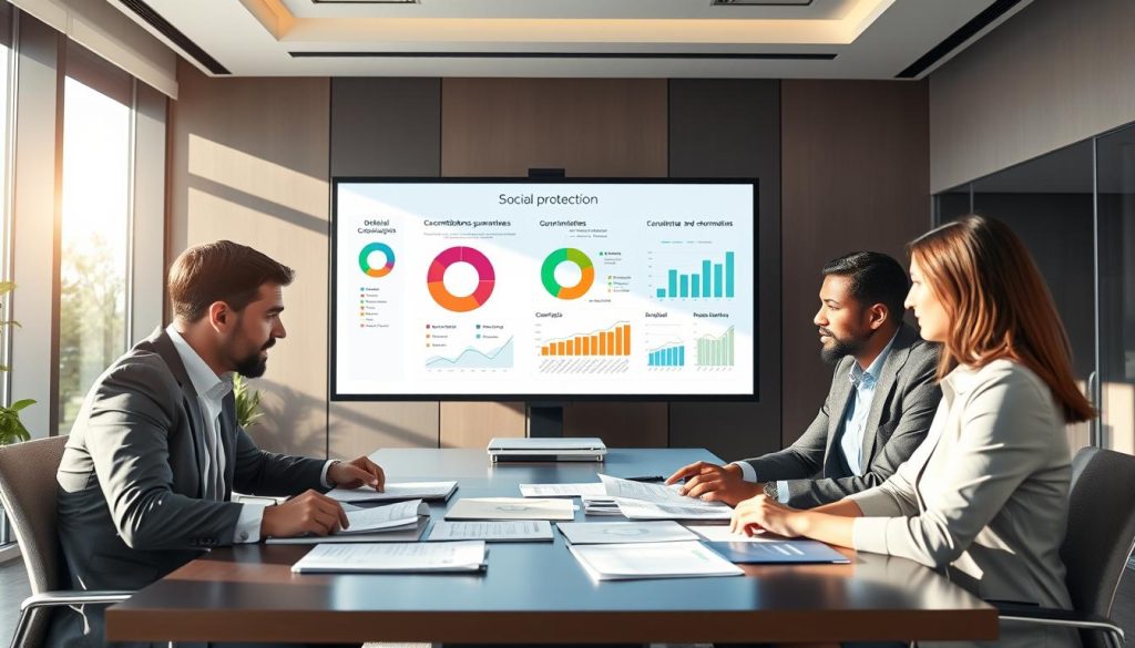 A professional office setting representing social contributions for consultants in portage salarial. In the foreground, a diverse group of business professionals (two men and two women) in professional attire engages around a conference table, reviewing documents and graphs related to social protection. In the middle ground, a large presentation screen displays pie charts and infographics illustrating social contributions, guarantees, and reimbursements. The background features an elegant office with large windows allowing sunlight to filter in, creating a warm and focused atmosphere. The lighting is bright but soft to ensure clarity on the faces of the professionals. The overall mood is one of collaboration and forward-thinking, emphasizing the importance of understanding social protection in 2026. Include the brand name "UMALIS GROUP" subtly integrated into the office decor. A professional office setting representing social contributions for consultants in portage salarial. In the foreground, a diverse group of business professionals (two men and two women) in professional attire engages around a conference table, reviewing documents and graphs related to social protection. In the middle ground, a large presentation screen displays pie charts and infographics illustrating social contributions, guarantees, and reimbursements. The background features an elegant office with large windows allowing sunlight to filter in, creating a warm and focused atmosphere. The lighting is bright but soft to ensure clarity on the faces of the professionals. The overall mood is one of collaboration and forward-thinking, emphasizing the importance of understanding social protection in 2026. Include the brand name "UMALIS GROUP" subtly integrated into the office decor.